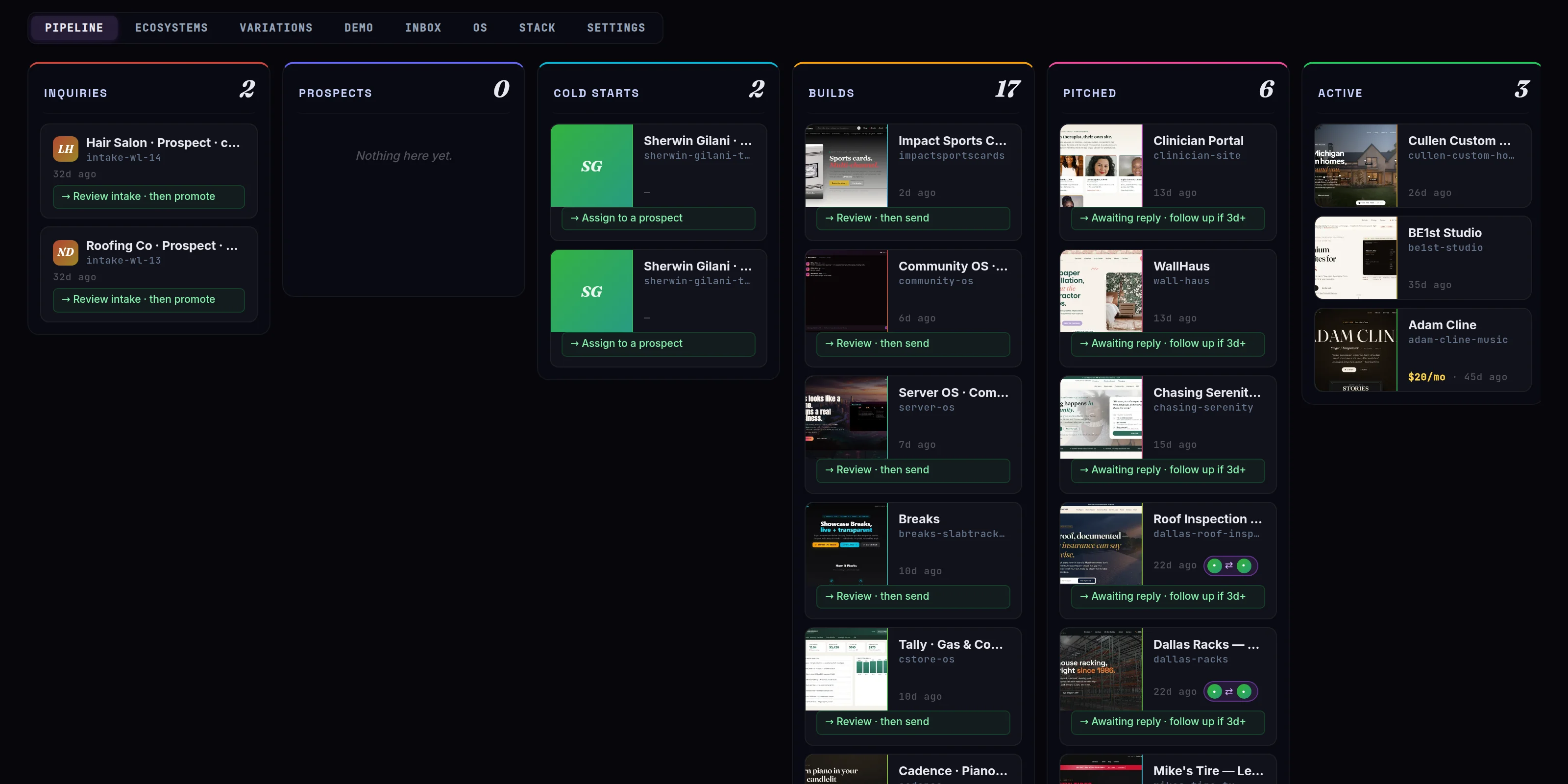 BE1st Atelier — the operator Command Center: inquiries, builds, pitched, and active clients in one pipeline