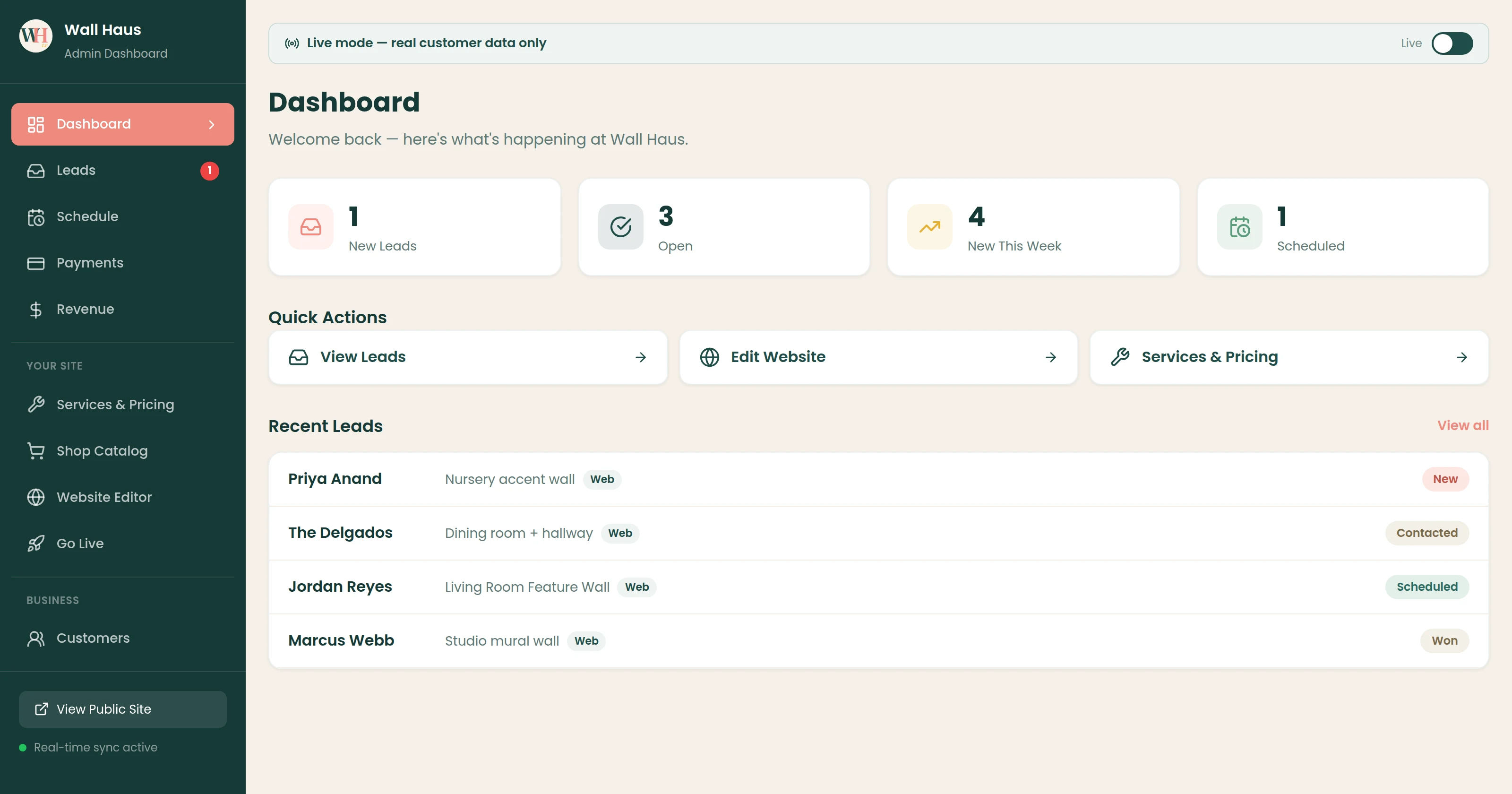 Wall Haus admin dashboard — leads, schedule, payments, revenue, installers